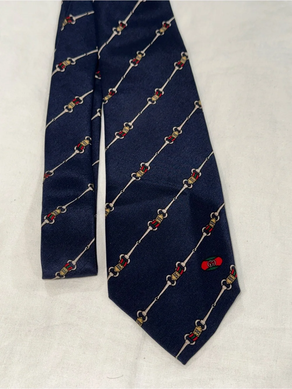 Vintage Gucci silk horsebit equestrian iconic striped Blue Tie